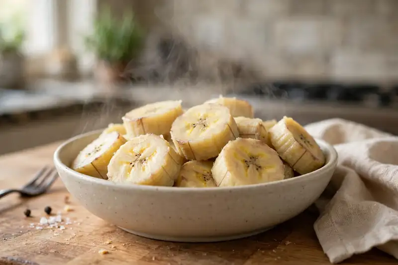 Plain boiled plantain slices cooling in a bowl