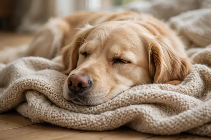 Calm dog resting on a blanket after catnip