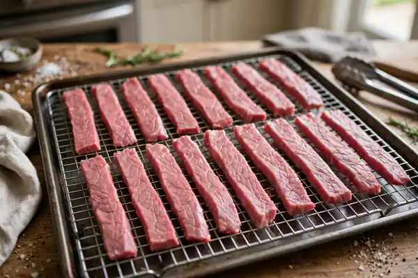 Thin strips of plain lean beef on a wire rack ready for drying into dog jerky
