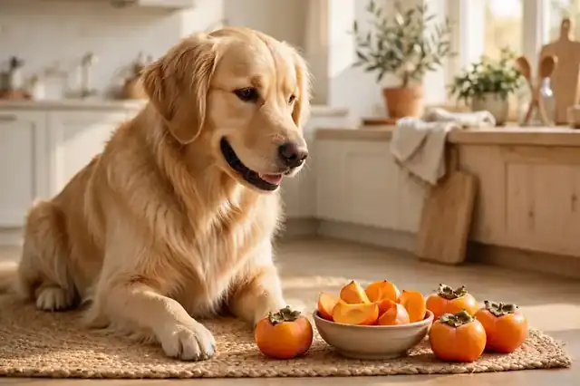 Happy golden retriever with a bowl of ripe persimmon slices