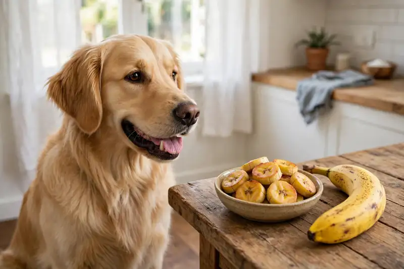 Happy dog looking at a bowl of plain cooked plantain slices next to a ripe plantain
