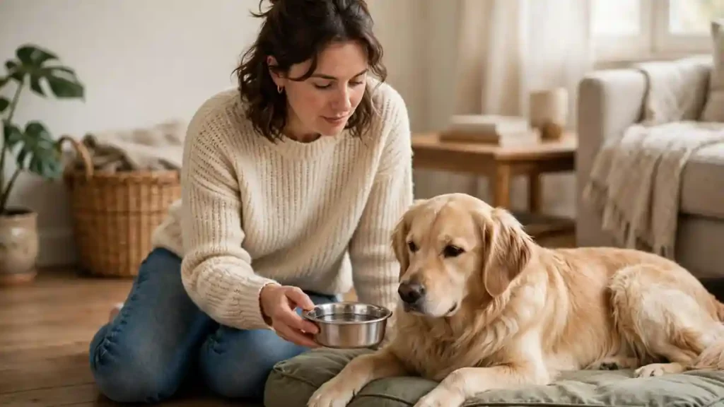Owner offering a water bowl beside a calm resting dog at home