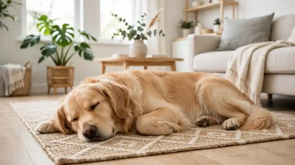 Calm dog resting indoors in a clean home