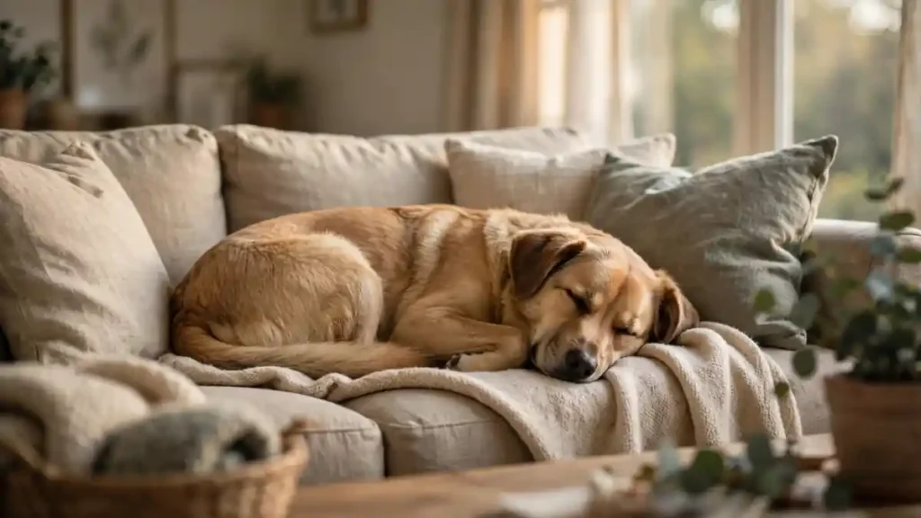 Dog resting peacefully on a sofa at home