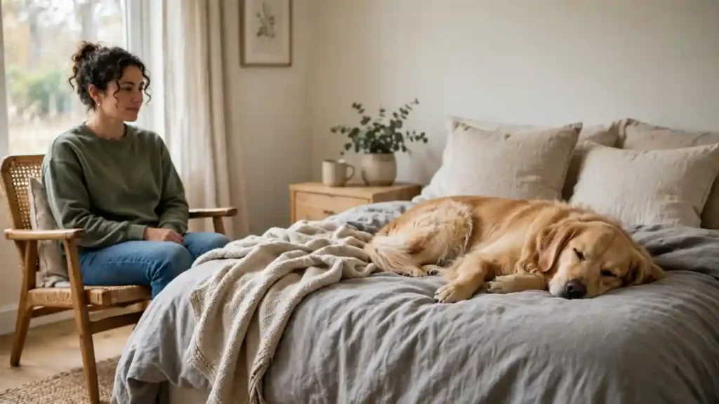 Dog resting calmly on a bed at home while its owner sits nearby