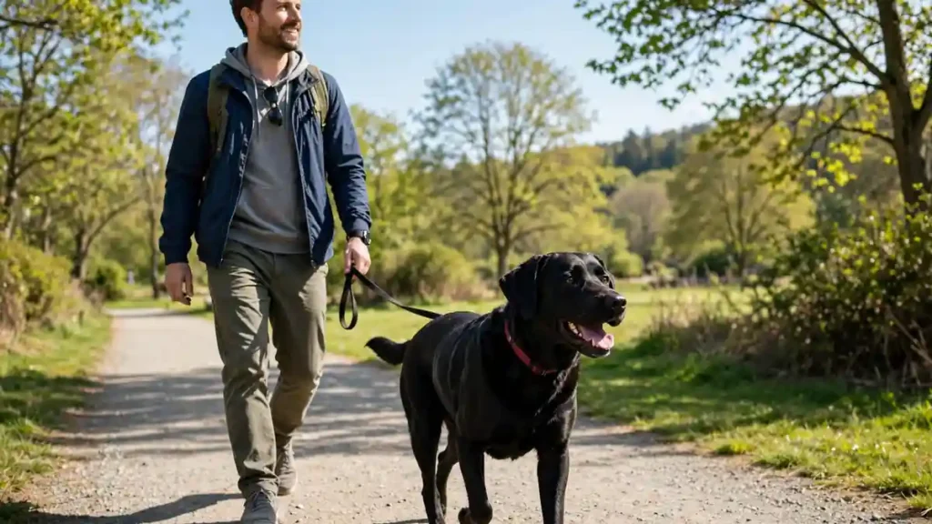 Healthy dog walking outdoors with its owner