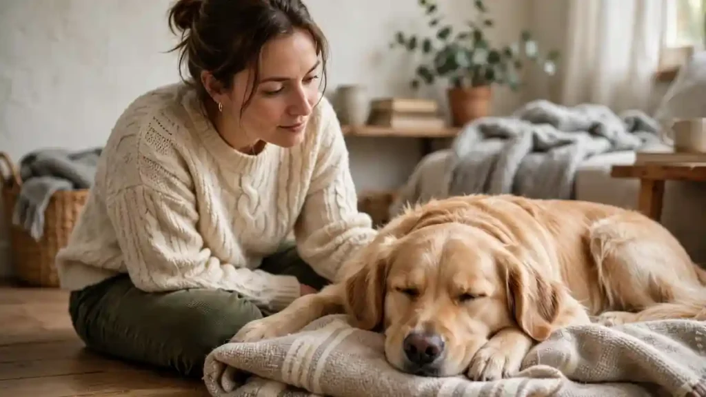 Owner gently observing a calm dog resting on a blanket at home