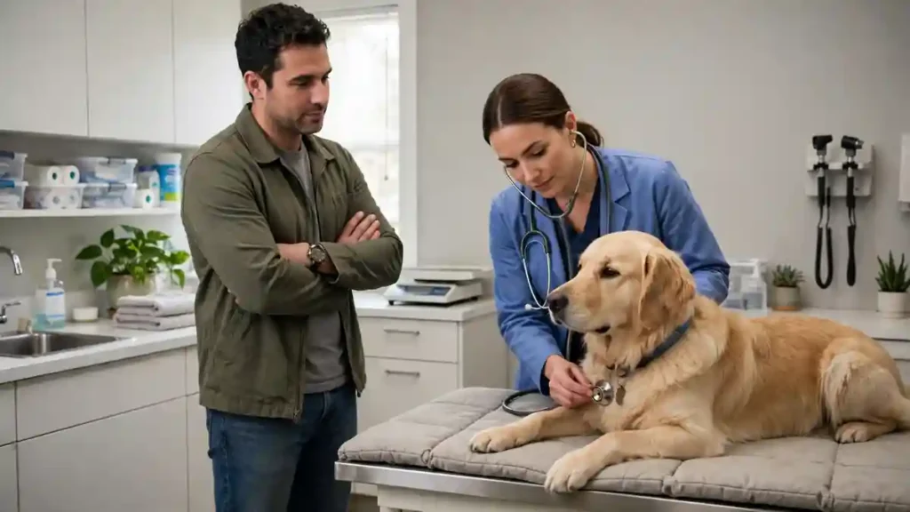 Veterinarian examining a calm dog at a veterinary clinic