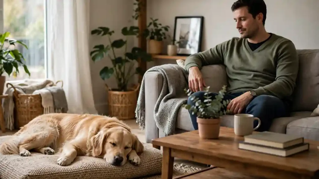 Dog resting calmly at home while its owner sits nearby