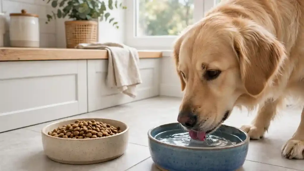 Dog drinking water beside a bowl of plain dry food in a kitchen
