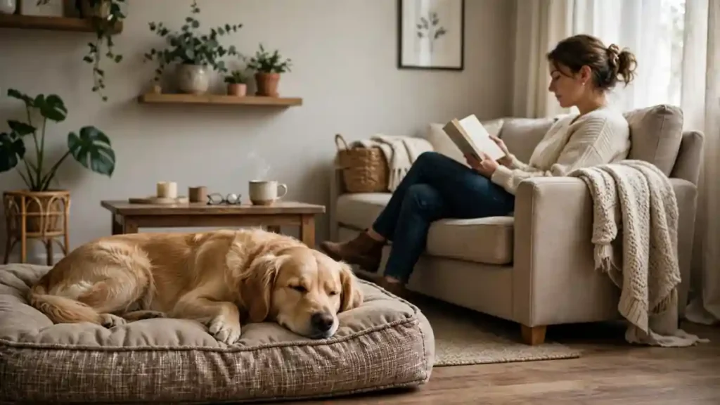 Calm dog lying on a dog bed at home while its owner sits nearby