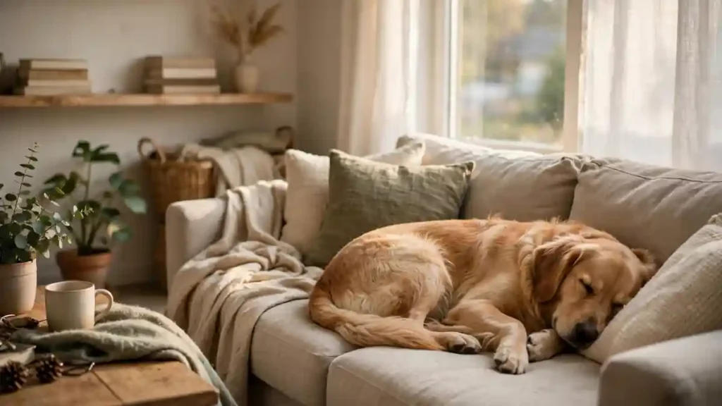 Dog resting peacefully on a sofa at home