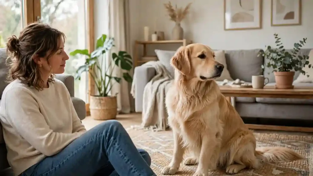 Dog sitting calmly indoors while its owner observes it