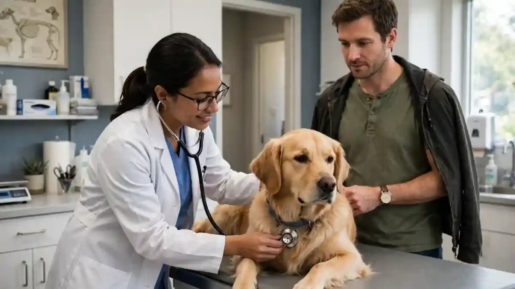 Veterinarian gently checking a calm dog with a stethoscope at a clinic