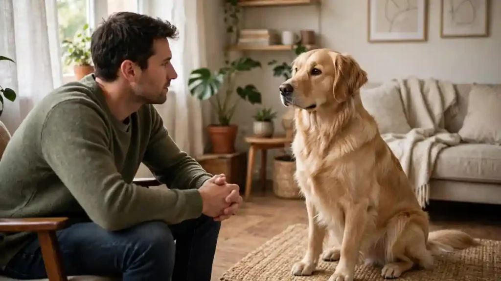 Dog sitting upright calmly indoors while its owner observes it