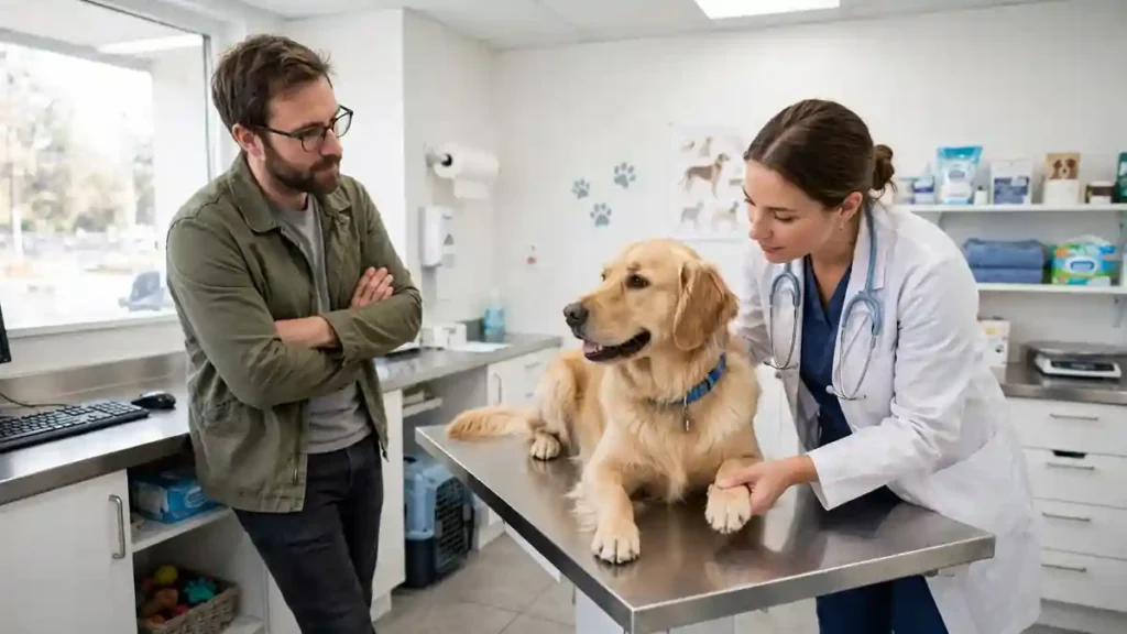 Veterinarian examining a calm dog at a veterinary clinic