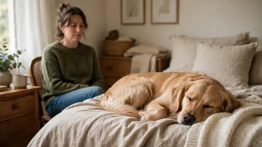 Dog resting calmly at home while its owner sits nearby