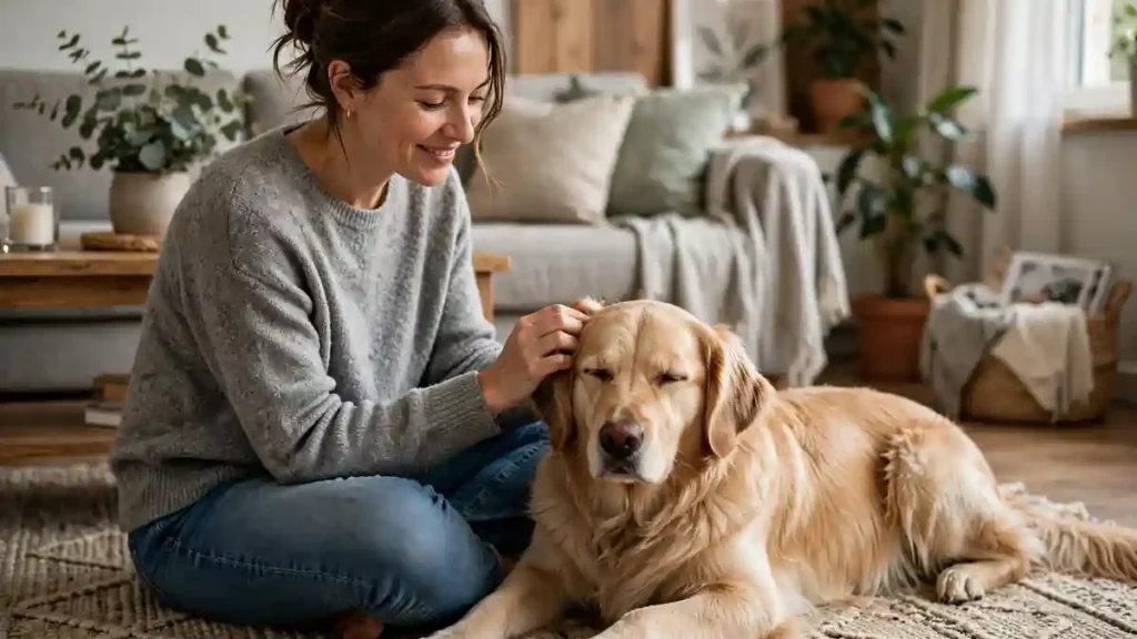 Owner gently stroking a calm dog at home
