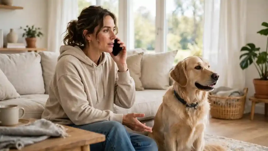 Dog owner talking on a phone at home with a calm dog beside them