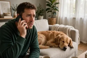 Dog owner calling a veterinarian for advice