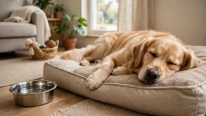 Dog resting comfortably at home after veterinary care