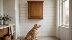 Closed medicine cabinet stored out of a dog's reach