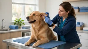 Veterinarian examining a dog at a clinic