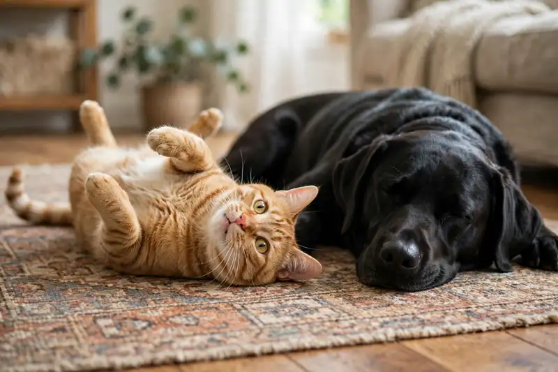 Cat playing energetically while a dog rests nearby