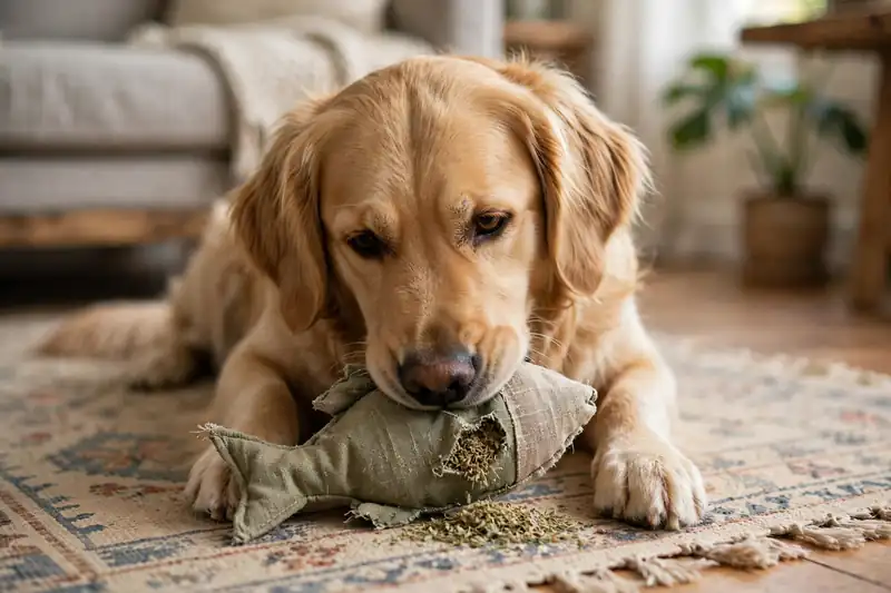 Dog chewing a catnip-stuffed toy under supervision