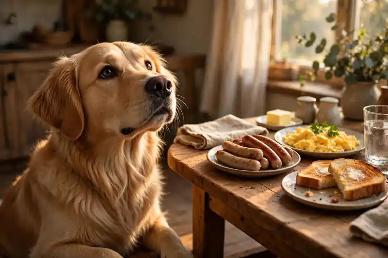 Dog begging beside a breakfast table with sausages
