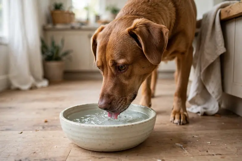 Dog drinking cool fresh water from a bowl after eating something spicy