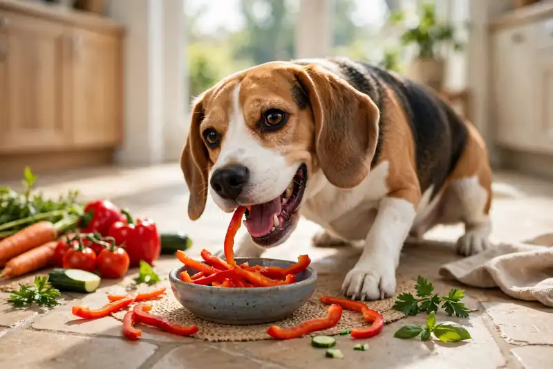 Dog eating plain red bell pepper strips, a safe alternative to jalapenos