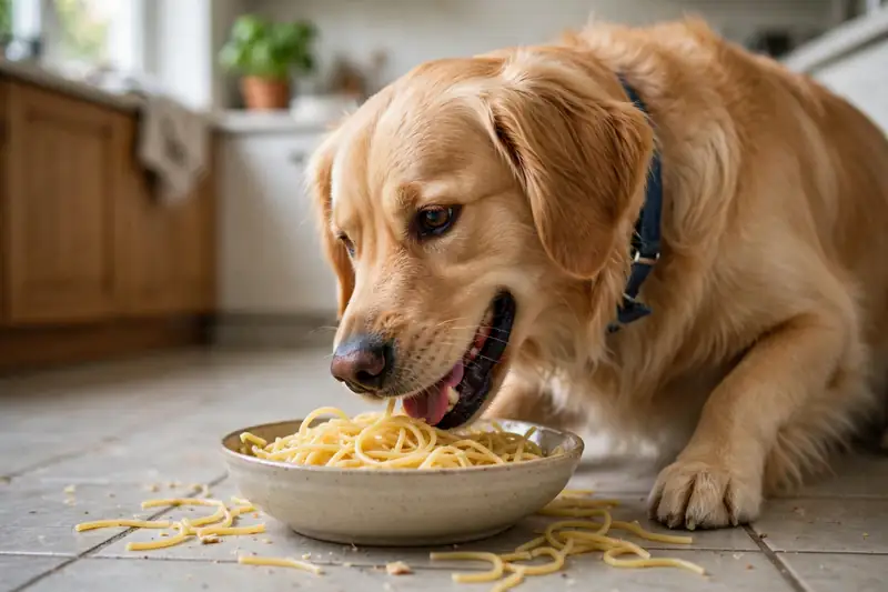 Dog eating plain pasta from a bowl