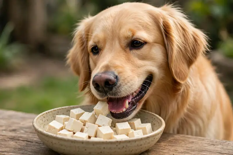 Dog eating plain tofu cubes from a bowl