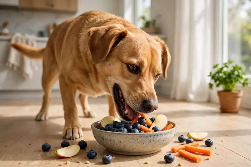 Happy dog eating healthy treats of blueberries, apple slices, and carrot sticks from a bowl