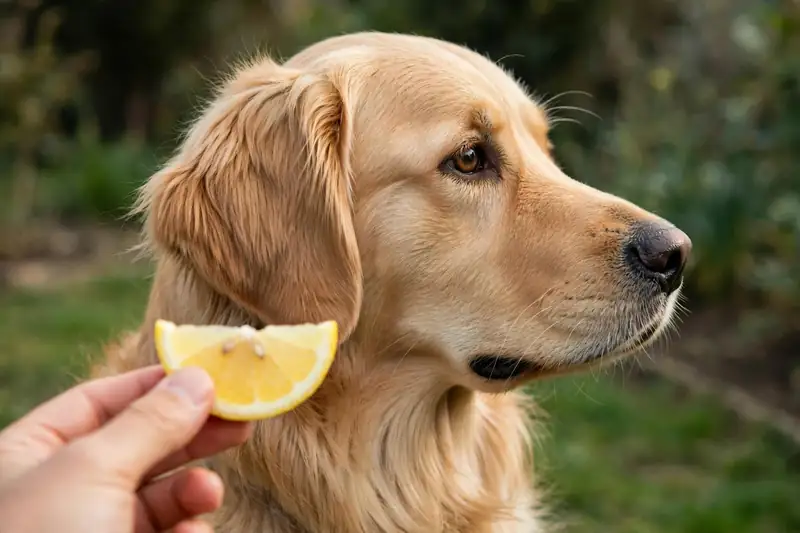 Dog turning away from a citrus fruit it does not like
