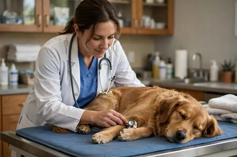 Veterinarian gently examining a resting dog