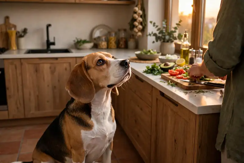 Beagle sitting patiently in the kitchen while its owner prepares food