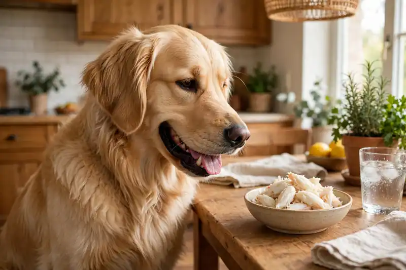 Happy golden retriever looking at a small bowl of plain cooked crab meat