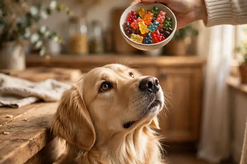 Golden retriever looking at a bowl of colorful gummy bears held just out of reach