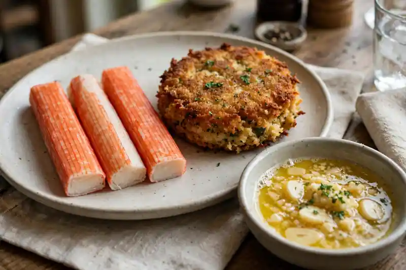 Imitation crab sticks and a seasoned crab cake with butter and garlic to avoid for dogs