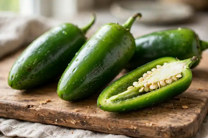 Fresh green jalapeno peppers, one sliced open showing seeds and white pith