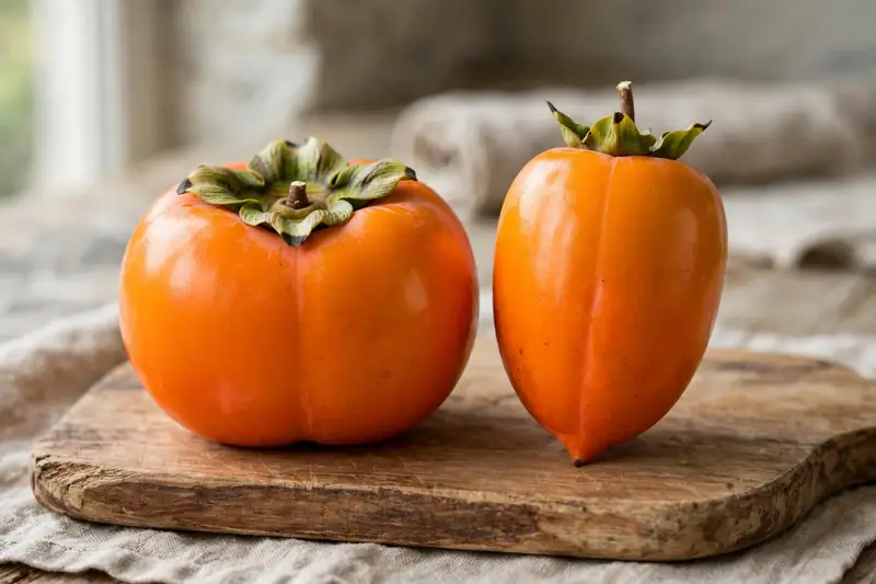 Fuyu and Hachiya persimmons side by side showing their different shapes