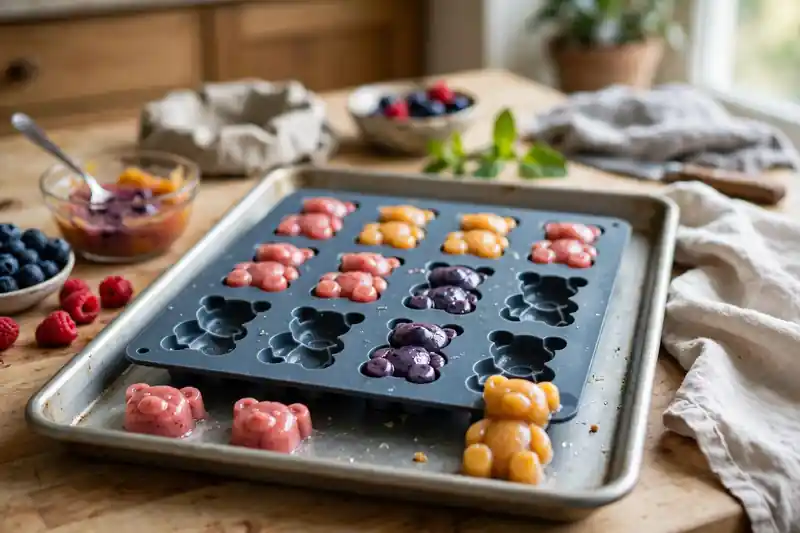 Homemade dog-safe gummy treats made from gelatin and fruit puree in a silicone mold