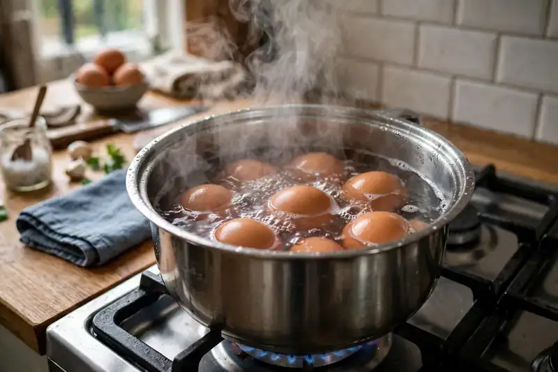 Eggs boiling in a pot of water on a stove