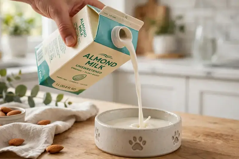 Pouring almond milk into a small dog bowl