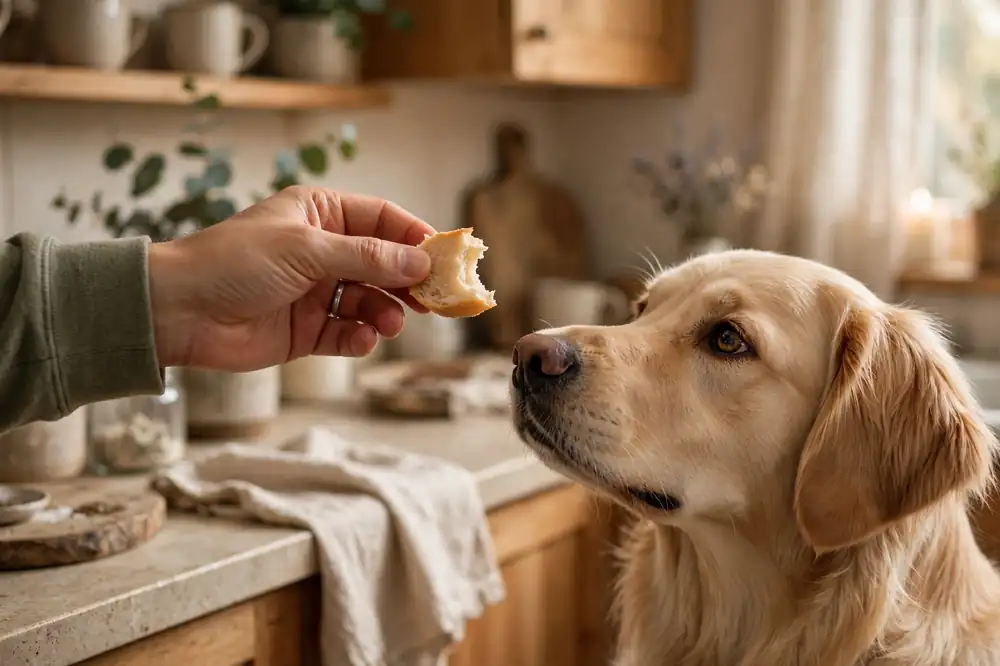 Small piece of plain sourdough offered to a dog