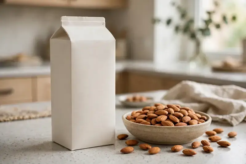Plain carton of unsweetened almond milk on a kitchen counter