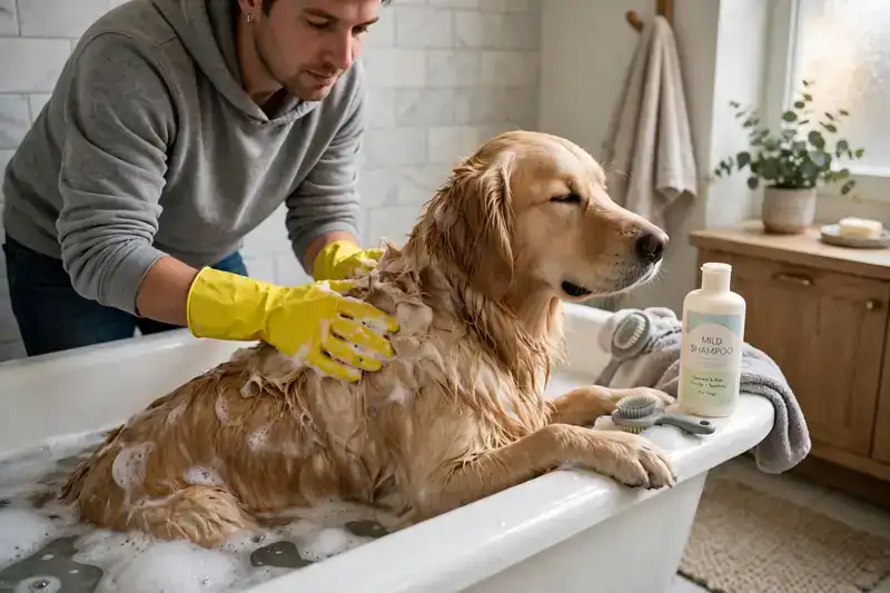 Owner wearing gloves bathing a dog with gentle shampoo