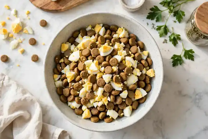 Chopped boiled egg mixed into a bowl of dog kibble